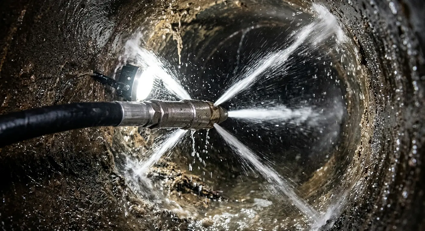 High-pressure hydro jetting nozzle cleaning sewer pipe for Sewer Cleanout in Blaine