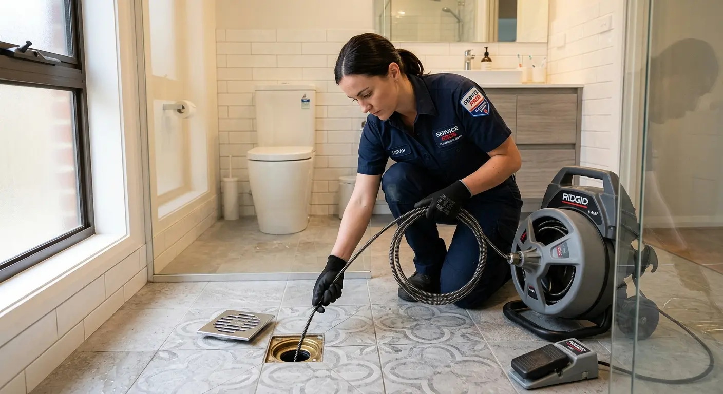 Technician clearing a bathroom floor drain for Hydro Jetting in Blaine